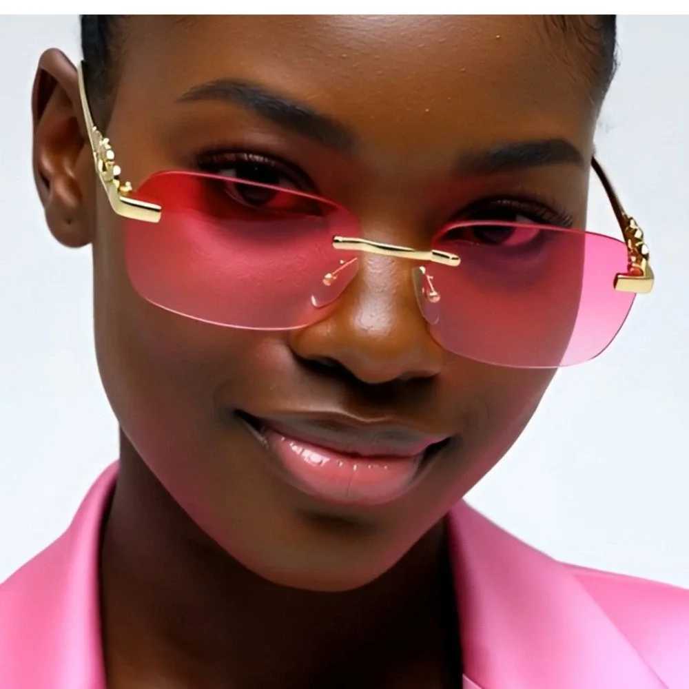 Rimless‎ Sunglasses Gold Leopard Accent Pink Lens Fashion Trendy Designer Women